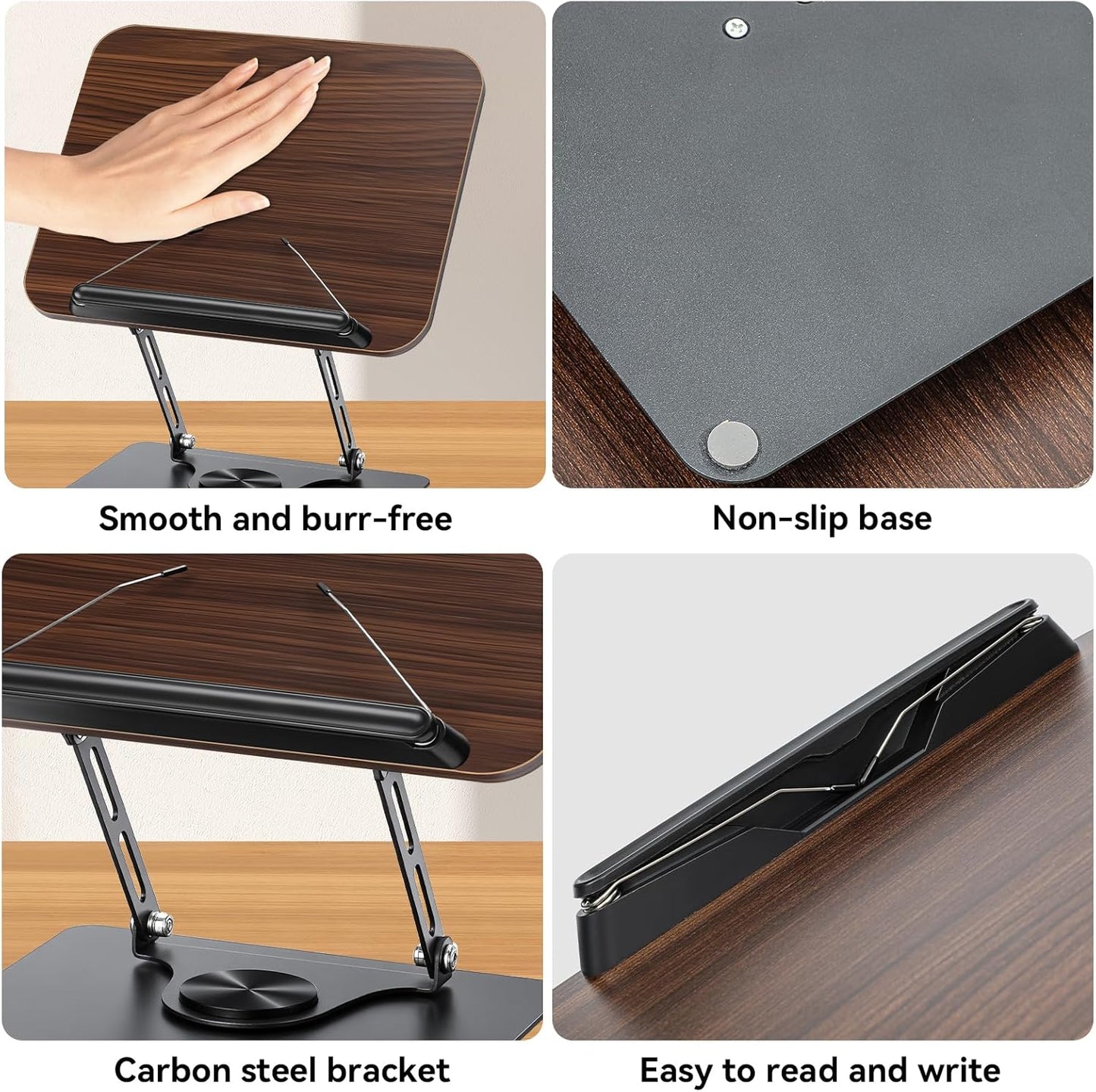 360° Rotating Book Stand for Reading, Adjustable Foldable Book Holder for Reading, Cooking, Office, Compatible with Cookbooks, Textbooks, Tablets, Sheet Music, and Laptops (Black Walnut)