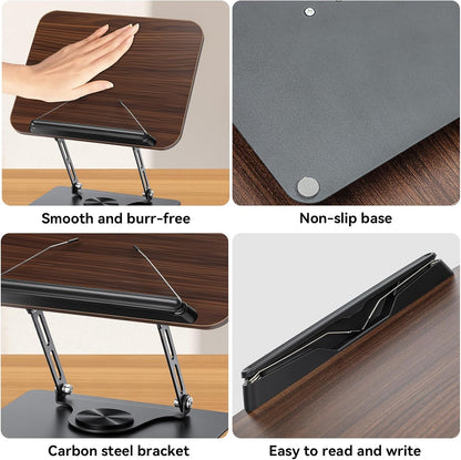 360° Rotating Book Stand for Reading, Adjustable Foldable Book Holder for Reading, Cooking, Office, Compatible with Cookbooks, Textbooks, Tablets, Sheet Music, and Laptops (Black Walnut)