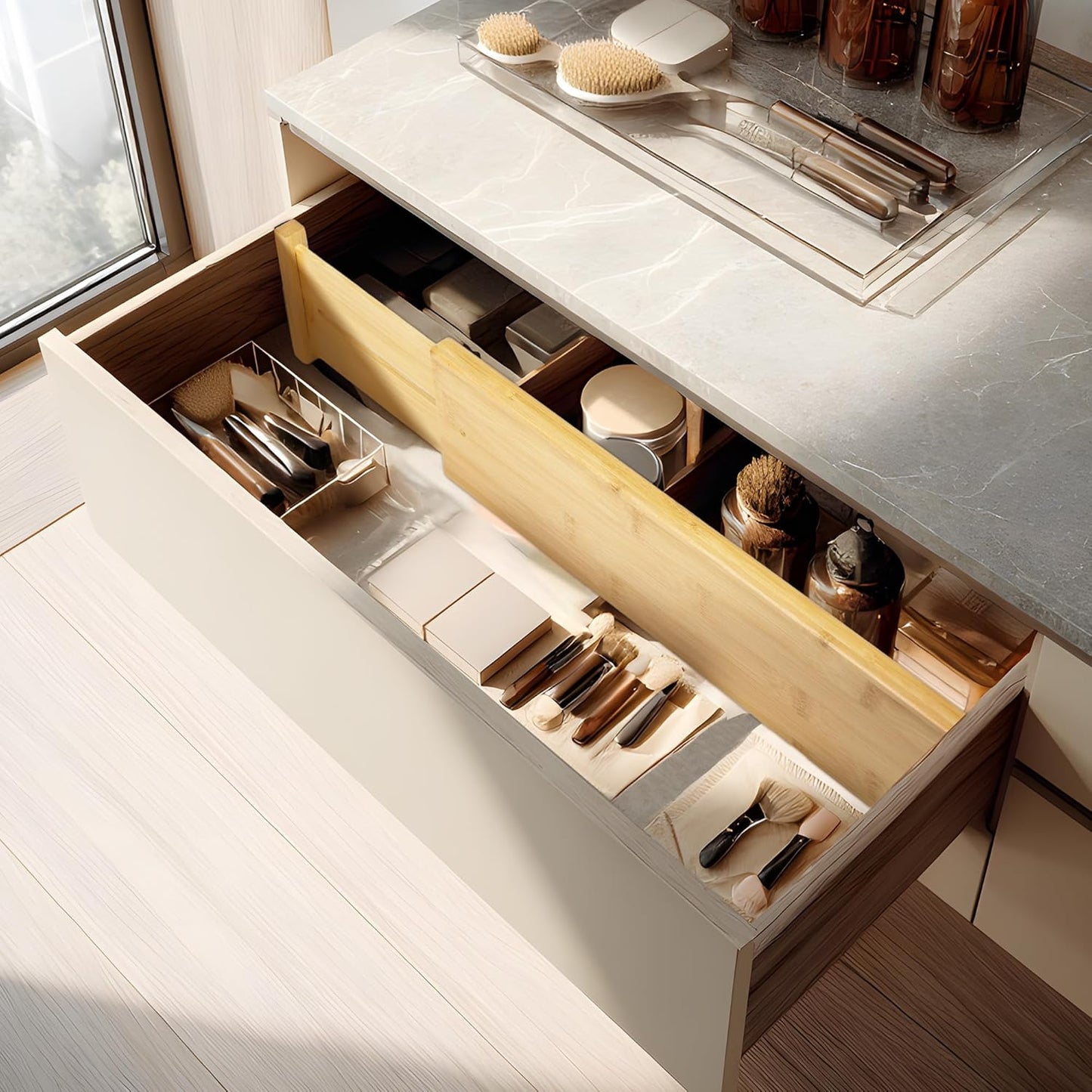 VaeFae Adjustable Bamboo Drawer Dividers, Expandable Drawer Organizer for Kitchen, Bedroom, Bathroom, Dresser and Office, 6-Pack