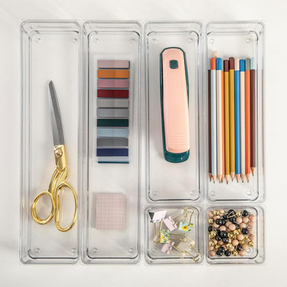 Martha Stewart Miles Plastic Stackable Office Desk Drawer Organizers, Set of 6, Clear