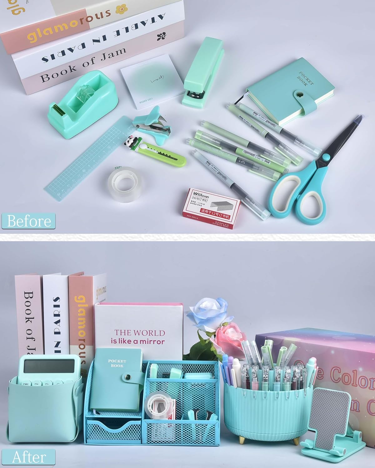 LXEVIHK 21Pcs Pink Desk Organizers and Accessories With Mesh Desk Organizer and 360°Rotating Pen Holder and a Lot of Office Pink Office Supplies Beautifully Presented in a Gift Box