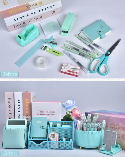 LXEVIHK 21Pcs Pink Desk Organizers and Accessories With Mesh Desk Organizer and 360°Rotating Pen Holder and a Lot of Office Pink Office Supplies Beautifully Presented in a Gift Box