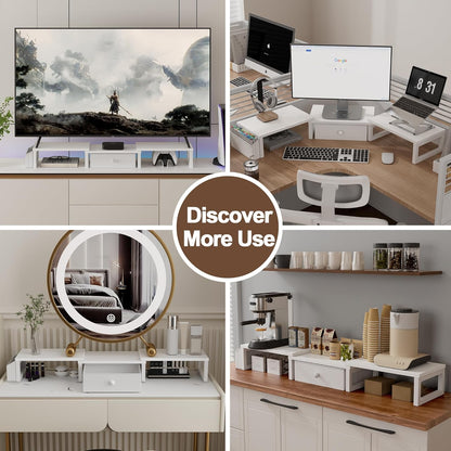 LAND·VOI Heavy Duty Dual Monitor Stand, Holds 2 Screens Up to 27 Inches, Adjustable Length and Angle Monitor Riser, Desk Organizer with Side Pockets and Drawers, Home Office Desk Storage, Rustic Brown