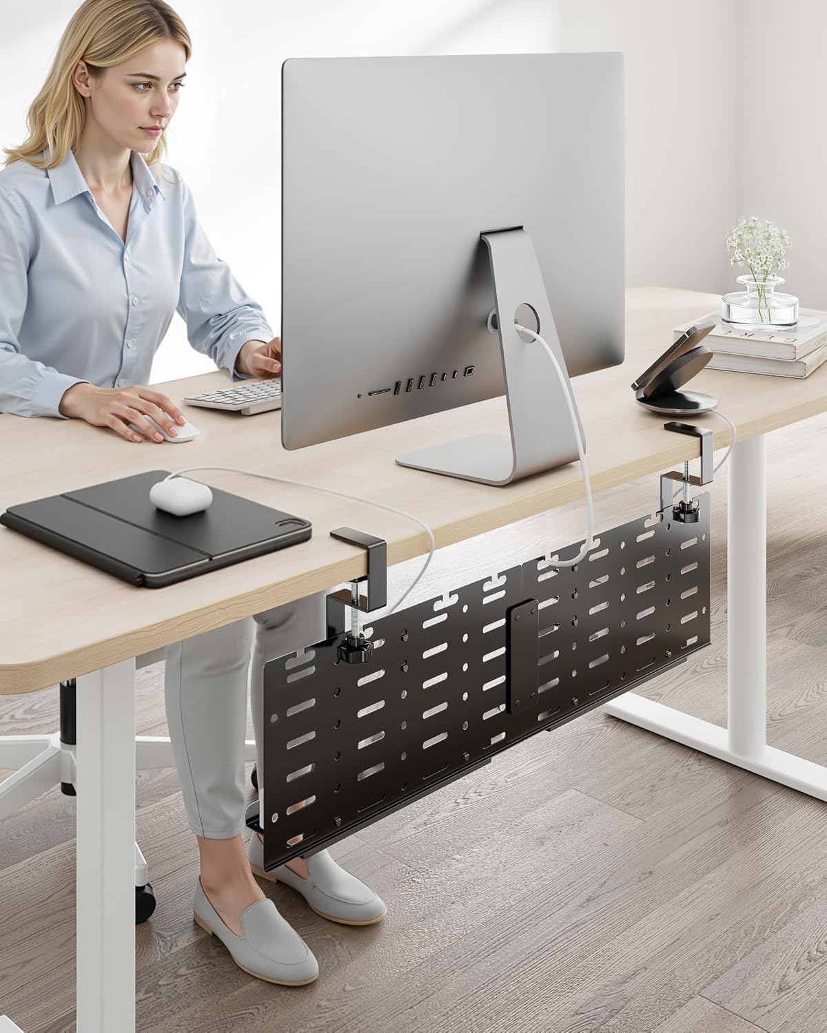 Under Desk Cable Management Tray, 30.2" Vertical Metal Pegboard Organizer for Power Strip, Cables, Clamp On Cord Organizer Rack with Hooks, Trays & Cable Straps for Home Office, White