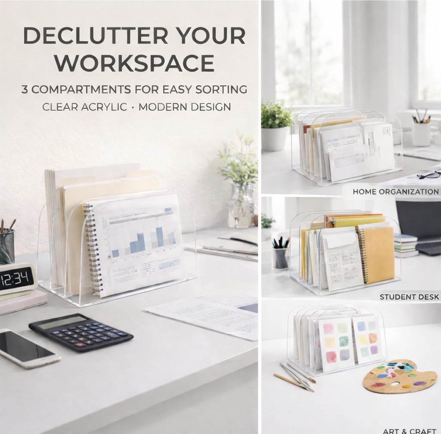 Acrylic File Organizer for Desk, German-Standard Cast PMMA, Polished Edges, Heat-Bent Design—Clear & Stable for Long-Term Use: Home Office, Students, Family Files, Mail & Makeup