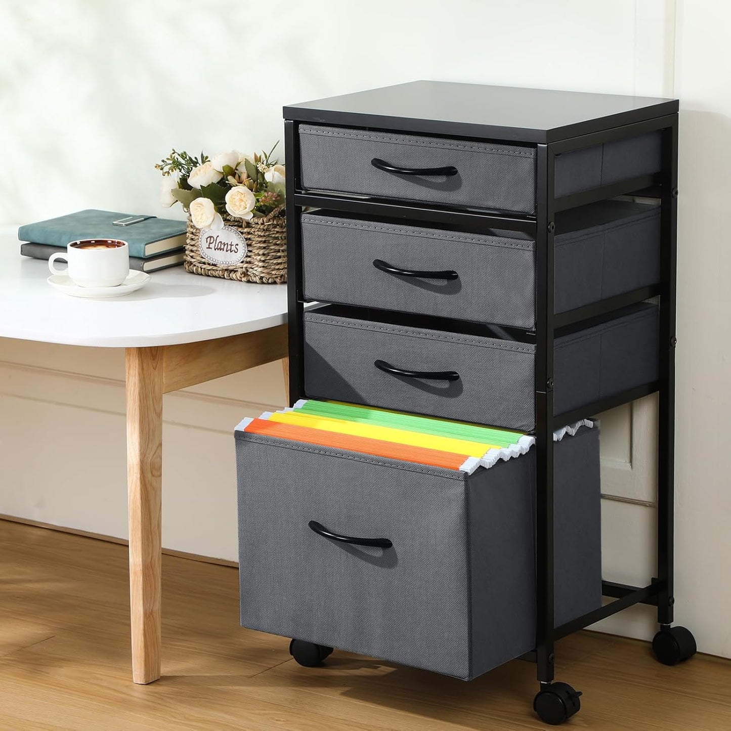 Chunful 4 Drawer Rolling File Cabinet Mobile Printer Stand Metal Cart with Fabric Vertical Filing Chest Wheels A4 Letter Size Under Desk Utility Craft Storage Organizer for Home Office School(Grey)