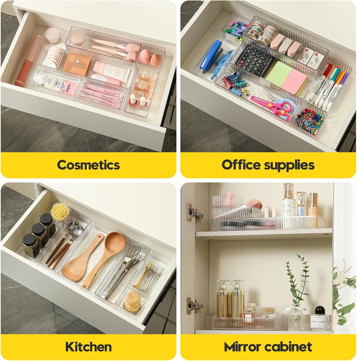 Drawer Organizer Bins, 7 Pcs Clear Stackable Makeup & Desk Organizer with Interlocking Clips, 4 Sizes Vanity Drawer Trays for Bathroom Cosmetic, Home Office & Kitchen