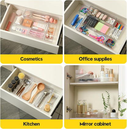 Drawer Organizer Bins, 7 Pcs Clear Stackable Makeup & Desk Organizer with Interlocking Clips, 4 Sizes Vanity Drawer Trays for Bathroom Cosmetic, Home Office & Kitchen