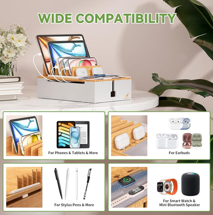 Pezin & Hulin Bamboo Charging Station for Multiple Devices, USB Charger Dock Organizer, with Power Supply (10 Ports HUB), 6 Cables, Cable Management Organizer for Cell Phones, Tablets -Natural+White