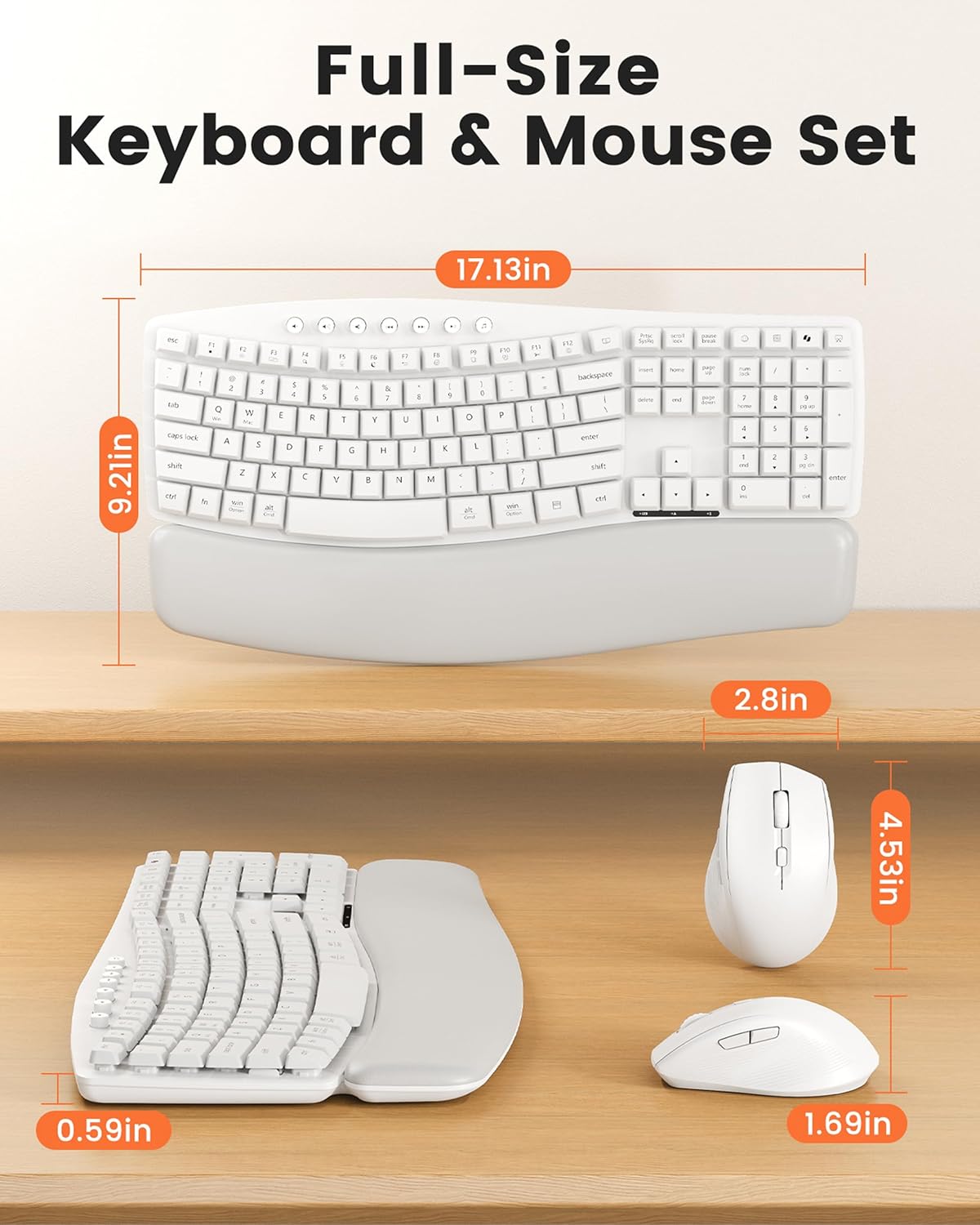 Wireless Keyboard and Mouse Combo, SABLUTE MA41 30dB Quiet Ergonomic Wave Keyboard Set with Soft Leather Palm Rest, Dual-System Switch for Windows/Mac, Ideal for Business Teams Home Office