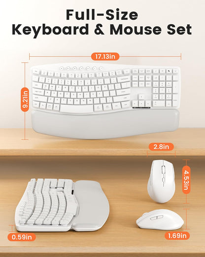 Wireless Keyboard and Mouse Combo, SABLUTE MA41 30dB Quiet Ergonomic Wave Keyboard Set with Soft Leather Palm Rest, Dual-System Switch for Windows/Mac, Ideal for Business Teams Home Office