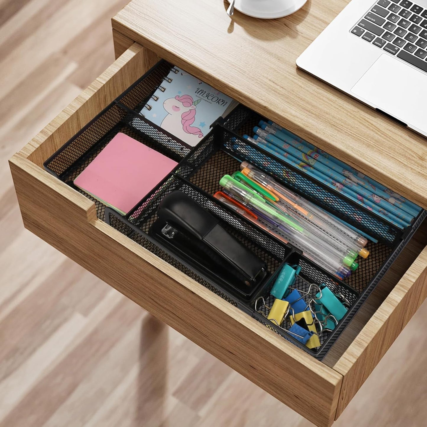 Desk Drawer Organizer, 2 Pack Junk Drawer Organizer Tray with 2 Adjustable Compartments, Desktop Metal Mesh Office Desk Organizer, Multifunction Pen Organizer Set for Office School Makeup Supplies (2)