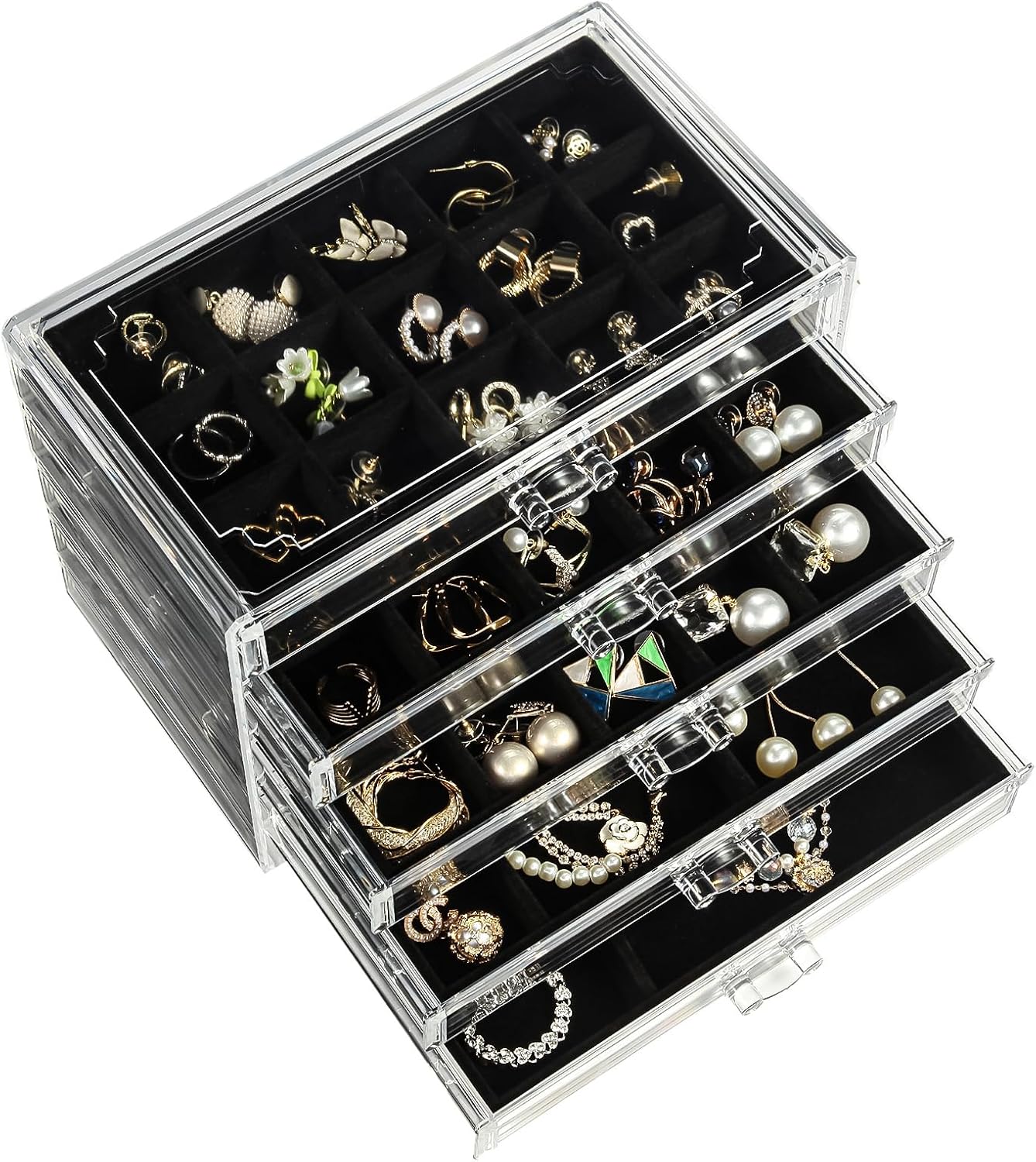 GUOER 5 Drawers Clear Jewelry Box for Women and Girls, Acrylic Earring Holder Organizer Ring Holder Display Storage, Mother's Day Warm White