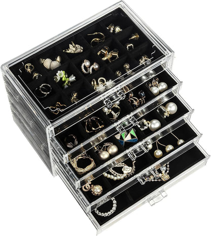 GUOER 5 Drawers Clear Jewelry Box for Women and Girls, Acrylic Earring Holder Organizer Ring Holder Display Storage, Mother's Day Warm White