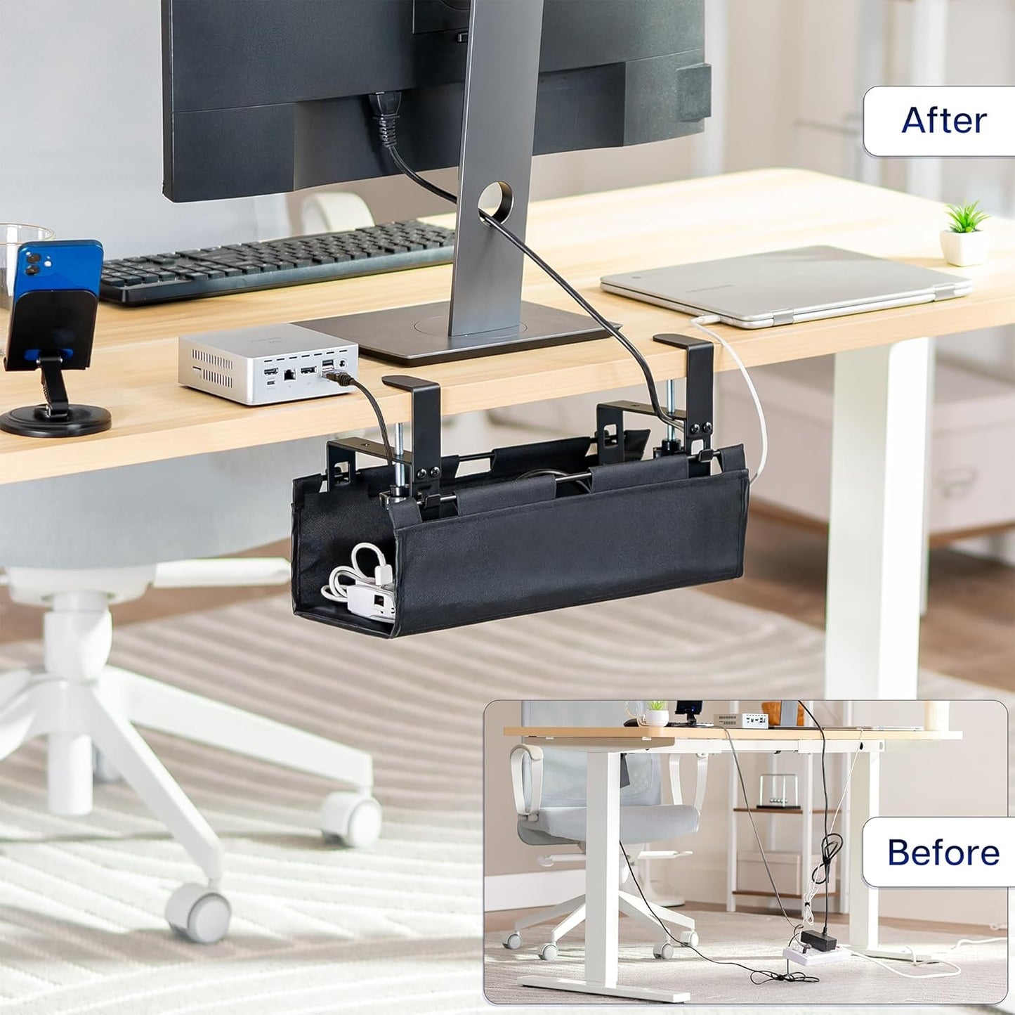 VIVO Clamp-on Under Desk 31 inch Fabric Cable Management Tray, Wire Concealer, Power Strip Storage, Workspace Organization, Easy Fold Down Access, Black, DESK-AC31F-C