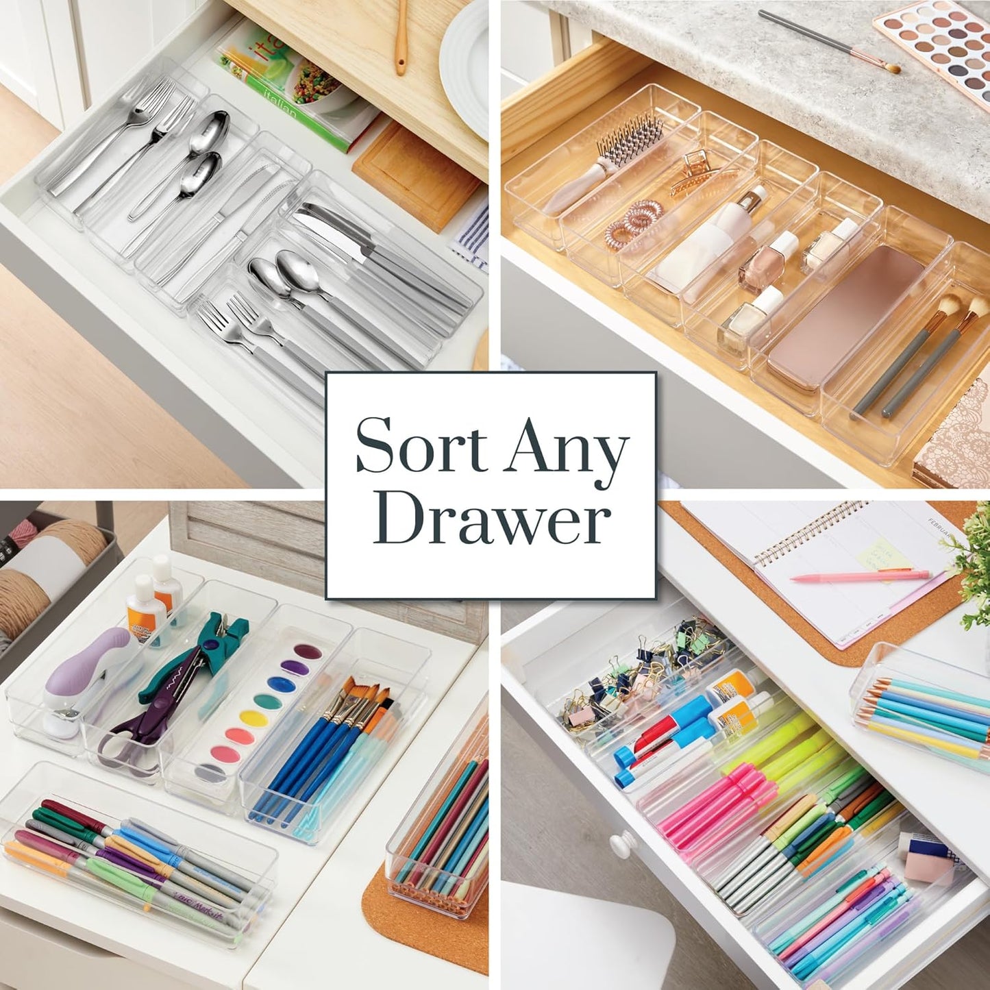 STORi SimpleSort 6-Piece Stackable Clear Drawer Organizer Set | 12" x 3" x 2" Rectangle Trays | Narrow Makeup Vanity Storage Bins and Office Desk Drawer Dividers | Made in USA