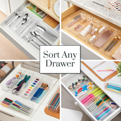 STORi SimpleSort 6-Piece Stackable Clear Drawer Organizer Set | 12" x 3" x 2" Rectangle Trays | Narrow Makeup Vanity Storage Bins and Office Desk Drawer Dividers | Made in USA