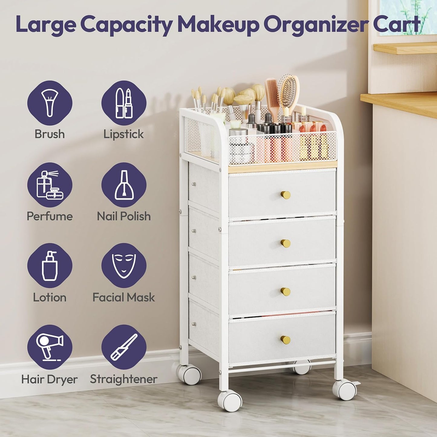 SWTYMIKI Rolling Makeup Organizer Cart - Under Desk Vanity Makeup Storage with 3 Non-woven Drawers, Nail Cart Organizer Cosmetic Display Cases Cabinet for Skin Care Perfume Nail Polish Brush Hair Tool