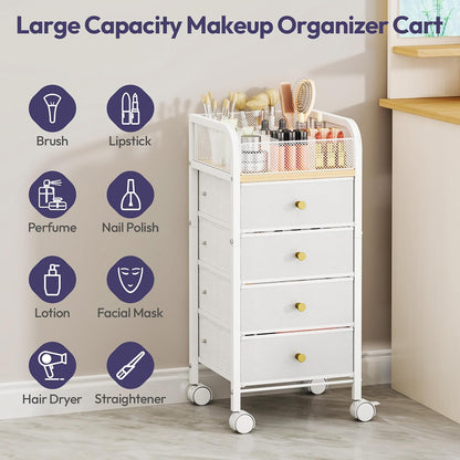 SWTYMIKI Rolling Makeup Organizer Cart - Under Desk Vanity Makeup Storage with 3 Non-woven Drawers, Nail Cart Organizer Cosmetic Display Cases Cabinet for Skin Care Perfume Nail Polish Brush Hair Tool
