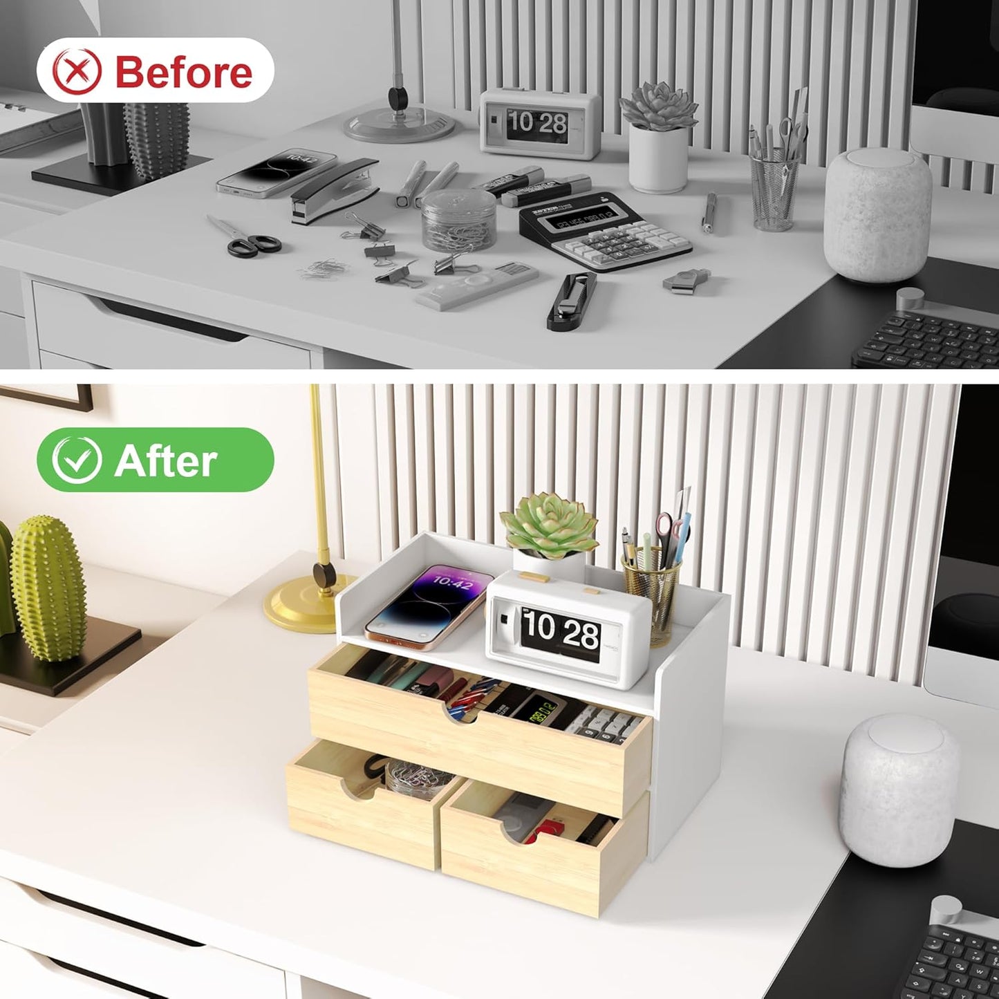 Desk Organizer with Drawers - Bamboo Desktop Organizer Storage | Wood Desk Drawers Organizer for Bills, Office Supplies, Cosmetics, Seals No Assembly Required (3 Drawer with Big Drawer)