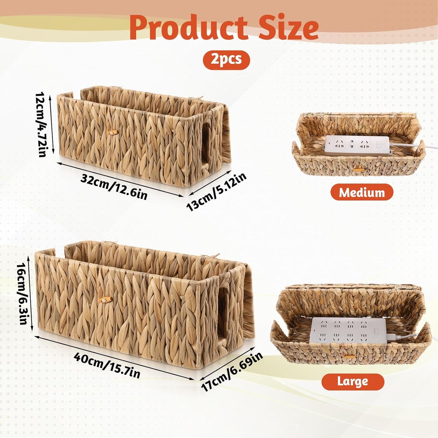 Cable Management Box with Lid 2 Pack Hand-Woven Water Hyacinth Decorative Cord Organizer 2 Side Open Slots Wicker Cable Box to Hide Cords Power Strip for Desk, Floor, Office