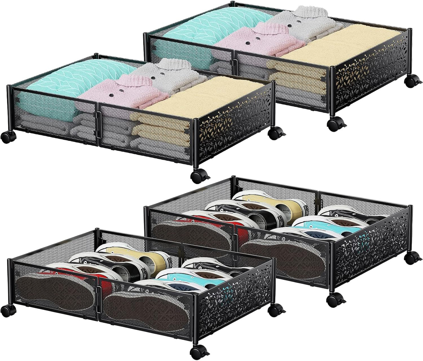 PHINOX Under Bed Storage Containers with Wheels, Under Bed Shoe Storage Organizer Drawer, Tool-free Assembly Metal Storage Containers for Bedroom Clothes Shoes Blankets -2PCK