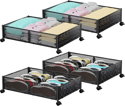 PHINOX Under Bed Storage Containers with Wheels, Under Bed Shoe Storage Organizer Drawer, Tool-free Assembly Metal Storage Containers for Bedroom Clothes Shoes Blankets -2PCK