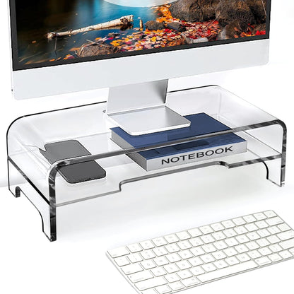 AMT Acrylic Laptop Monitor Stand & Computer Riser with Cat Keyboard Protector, Space-Saving Design, Extra Storage, Clear Shelf - Ideal for Monitors, Laptops, Printers, Desktop Decor