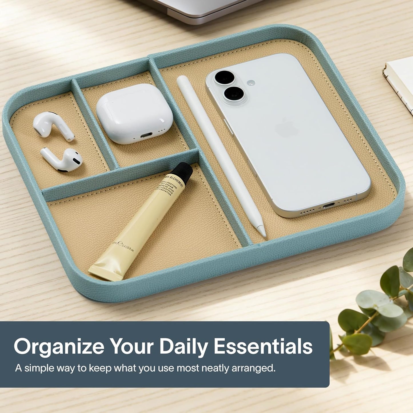 Nordik Leather Valet Tray - Pebble Black - 9.5 x 7.9 Inch Medium Vegan Leather Tray - Stylish Nightstand Organizer for Men - Modern Bedside Caddy - EDC Catchall for Key Watch Wallet Jewellery