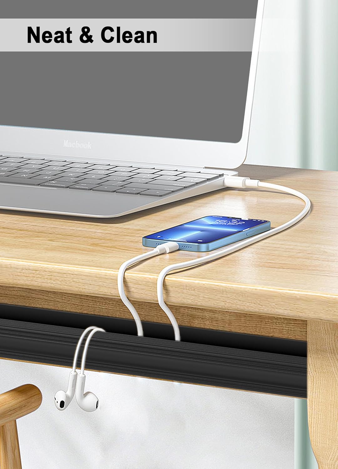 Under Desk Cable Management - Adhesive Cable Organizer for Home & Office, No-Drill Cord Management System, J Channel Cable Raceway for Desk, 6 Pack, White