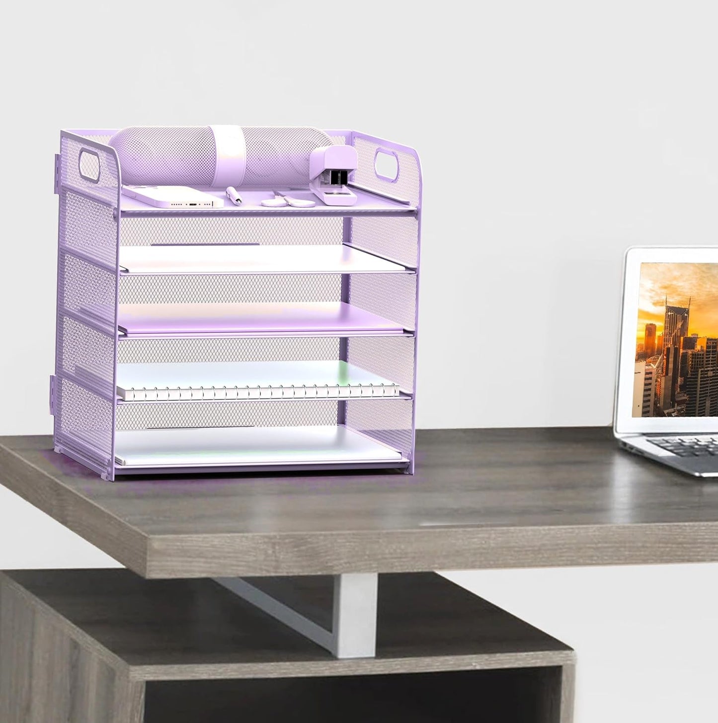 Letter Tray Paper Organizer 5-Tier Desk Organizer File Organizer Paper Holder with Handle, Metal Desktop Document Shelf Tray Office Classroom Organization - Black