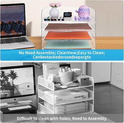 4 Pack Stackable Letter Tray for Desk, Clear File Organizer for Files, iPad, Letters, A4 Office Files, Books, Notes, Vertical