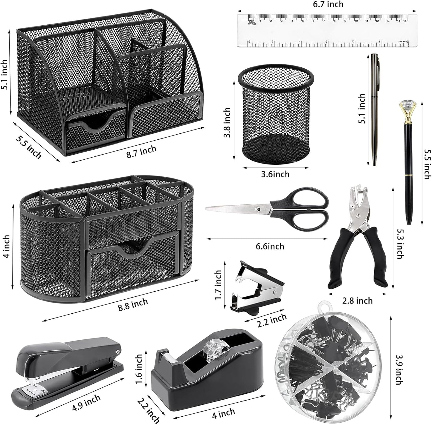 17 in1 Silvery Desk Organizers and Accessories Set, 3 Office Desk Supplies Storage Organization, 4 Pens, Stapler, Staples & Remover, Tape & Dispenser, Scissors, Ruler, Clips, Hole Punch Back to School