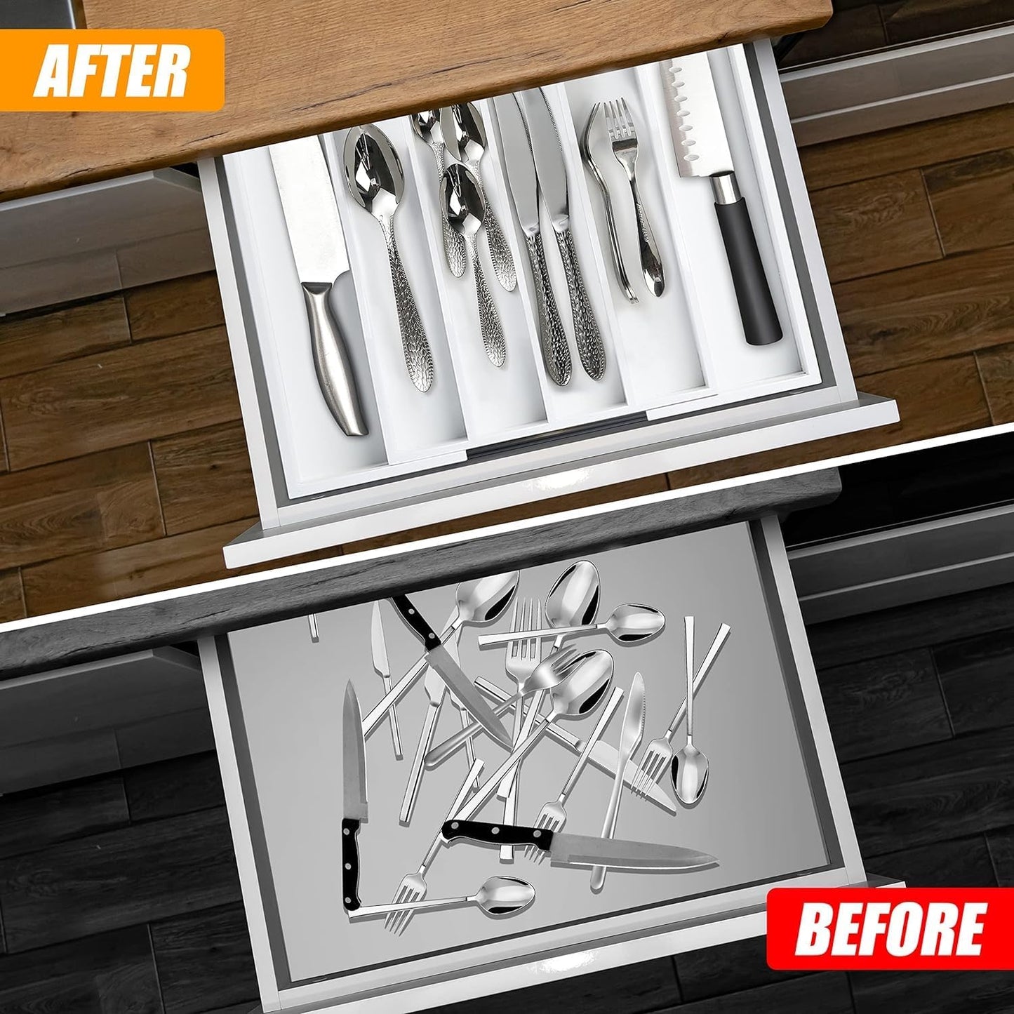 Kitchen Silverware Drawer Organizer and Storage Flatware Cutlery Utensil Holder Spice Rack Containers Bathroom Counter Cabinet Office Desk Makeup Drawer Tray Kitchen and Dining Tools Decor Accessories
