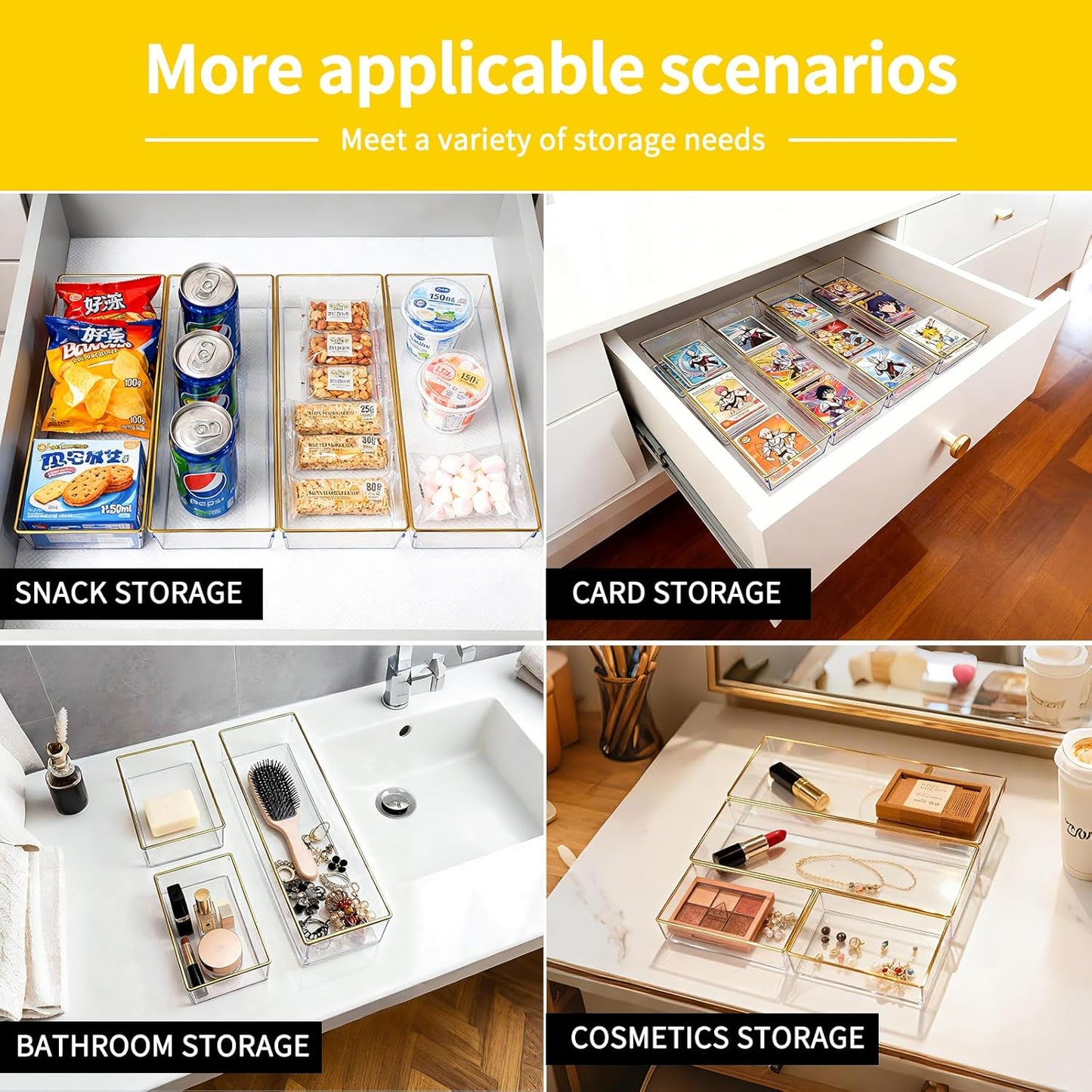4 Pack Large Size Clear Stackable Drawer Organizer Trays, Gold Rim Makeup Drawer Storage Tray Divider, Desk Storage for Makeup, Jewelry, Bathroom, Stationary, Kitchen Utensils and Office Desk