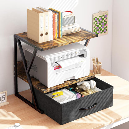 aboxoo Printer Stand for Desk with Storage Drawer, 2 Tier Desktop Or UnderDesk Shelf, Multi-Purpose Desk Organizer for Home Office, fit Fax Machine/3D Printer/Scanner, Rustic Brown