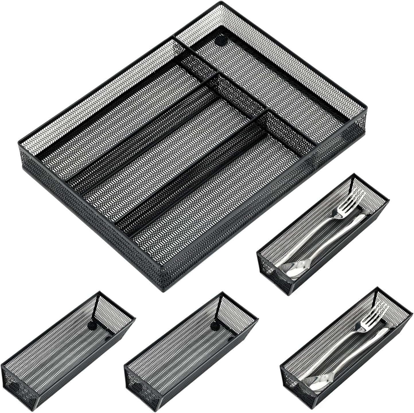 Neudeco Drawer Organizer Set 6 Pack - 5-Compartment Silverware Organizer Tray + 5 Utensil Trays, Kitchen Drawer Organizer for Flatware, Cutlery, Office Supplies, Black Mesh, Non-Slip.