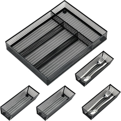 Neudeco Drawer Organizer Set 6 Pack - 5-Compartment Silverware Organizer Tray + 5 Utensil Trays, Kitchen Drawer Organizer for Flatware, Cutlery, Office Supplies, Black Mesh, Non-Slip.