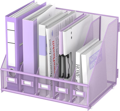 SUPEASY Desk Organizers Metal Desk Magazine File Holder with 5 Vertical Compartments Rack File Organizer for Office Desktop, Classroom, Home Workspace, Black