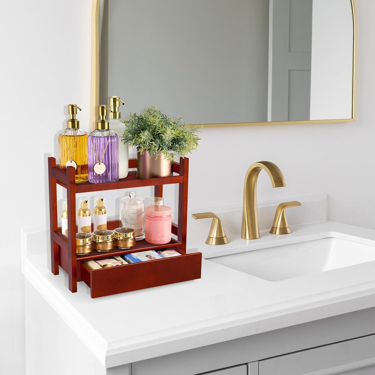 Sorbus Bamboo Bathroom Counter Organizer – 2-Tier Shelf with Hidden Drawer for Vanity, Matcha Station, Bathroom Sink Organizer Countertop, Kitchen & Office Storage (13″ L x 6.5″ W x 12.6″ H)