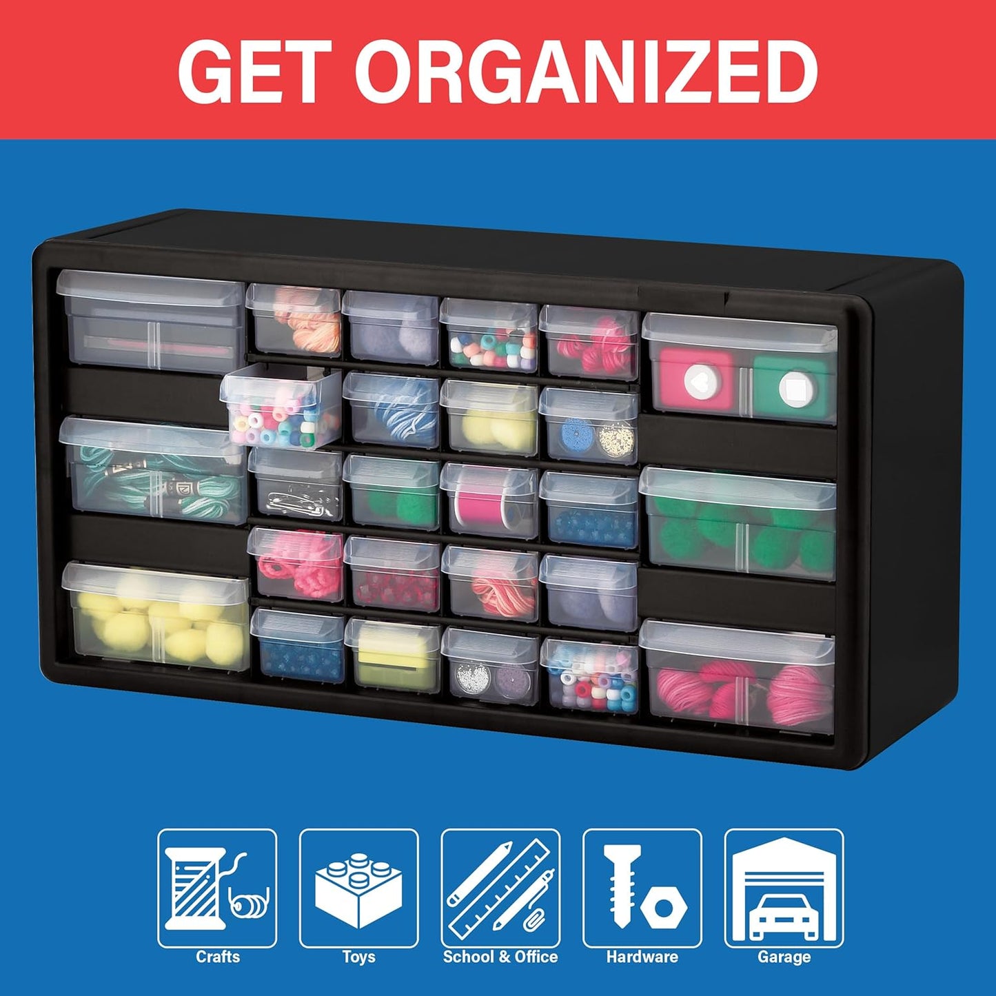 Akro-Mils 24-Drawer Plastic Drawer Storage Cabinet for Garage Organization, Bead Organizer, Building Bricks Storage, Teacher Toolbox, Makeup Organizer, 20" W x 6" D x 16" H, 10124 Black