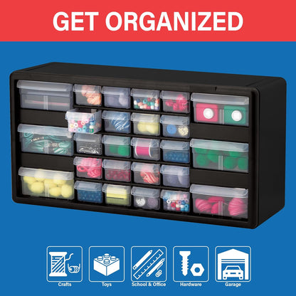 Akro-Mils 24-Drawer Plastic Drawer Storage Cabinet for Garage Organization, Bead Organizer, Building Bricks Storage, Teacher Toolbox, Makeup Organizer, 20" W x 6" D x 16" H, 10124 Black