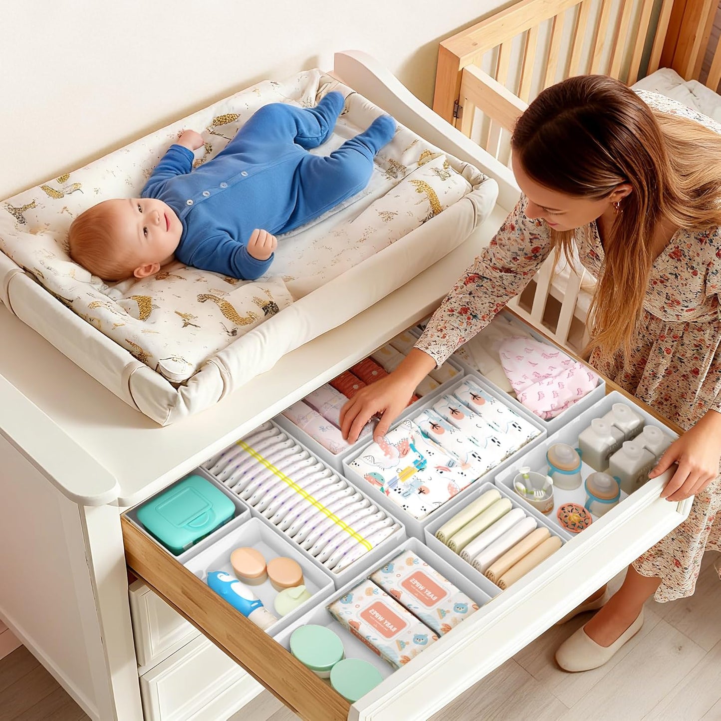DIMJ Drawer Organizers Clothes, Dresser Organizer Bins for Baby Clothes,Underwear and Sock, Fabric Closet Organization and Storage Boxs, Drawer Dividers for Nursery, Clothing, Tie - 4 Pack, Beige