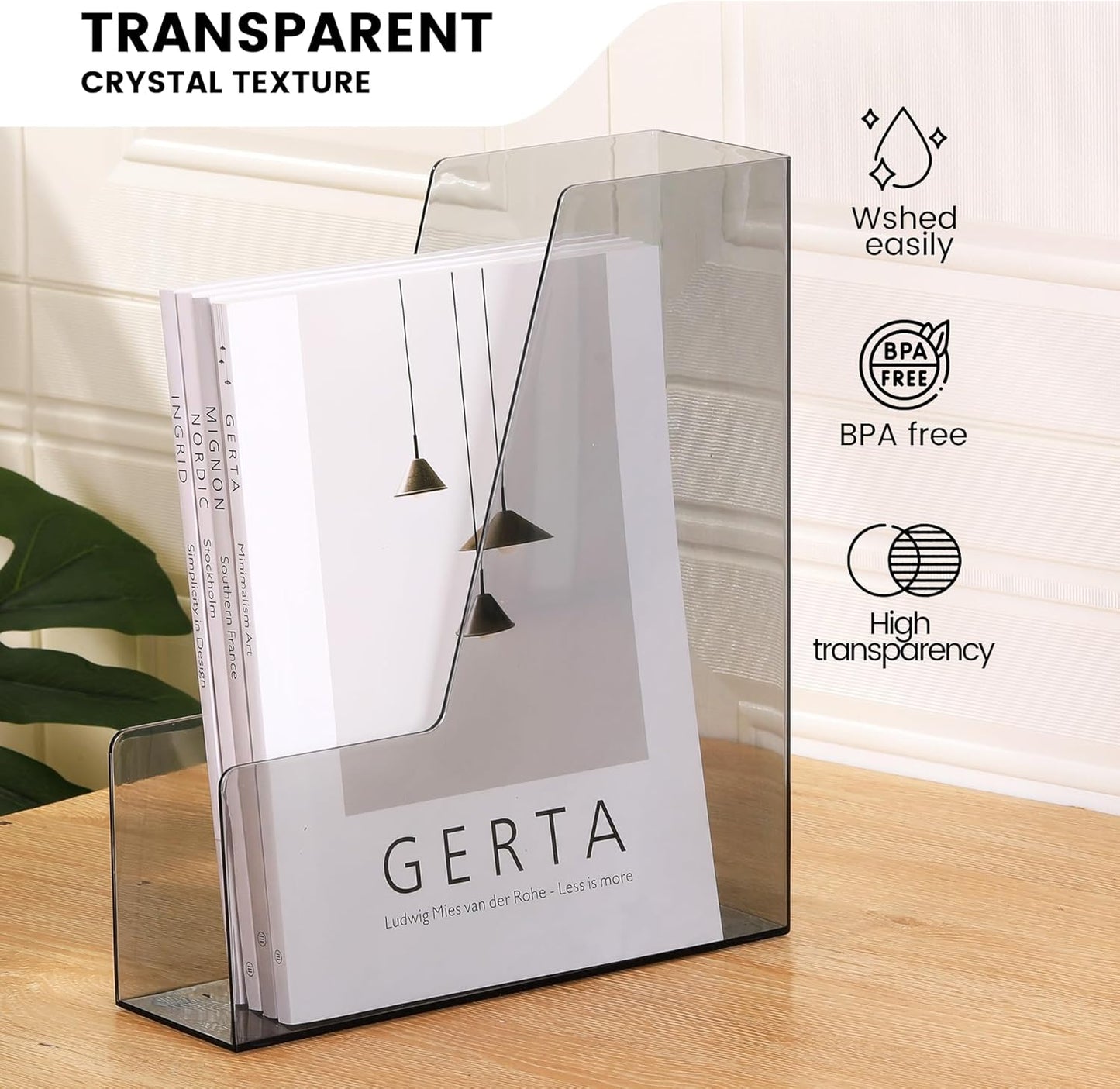 CiWiVOKi Vertical File Holder, Clear PET Desk Organizer and Storage Bins Holding for Magazines, Binders, Notebooks, Envelopes, Multi-purpose Plastic Document Organizer for Home Office, 4 pack