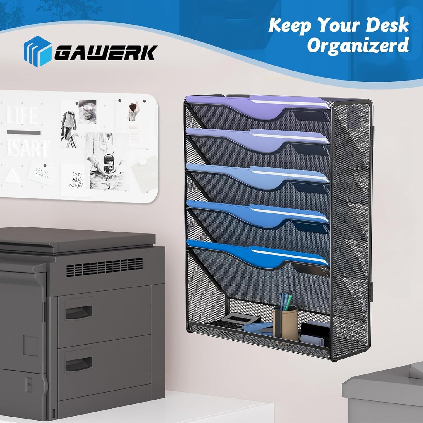 Gawerk 5 Tier Hanging Wall File Organizer, Mesh Mail Paper Orgnization Hanging File Folder Holder for Home Office, Black