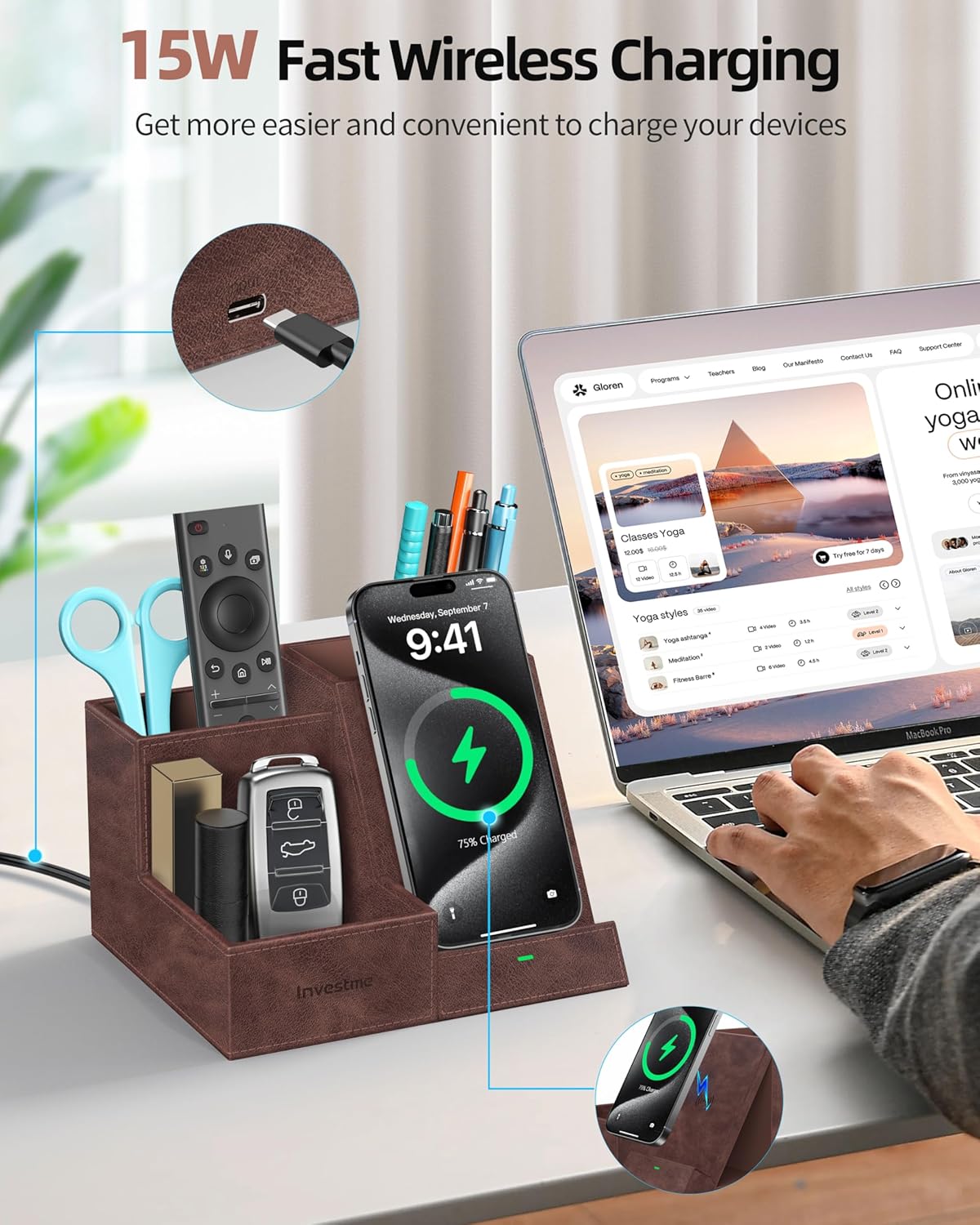 Wireless Charger with Desk Organizer, Pen Pencil Holder, Multifunctional Desktop Organizer, Office Supplies and Desk Accessories Organizer with 3 Compartments and 1 Phone Stand