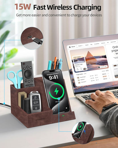 Wireless Charger with Desk Organizer, Pen Pencil Holder, Multifunctional Desktop Organizer, Office Supplies and Desk Accessories Organizer with 3 Compartments and 1 Phone Stand