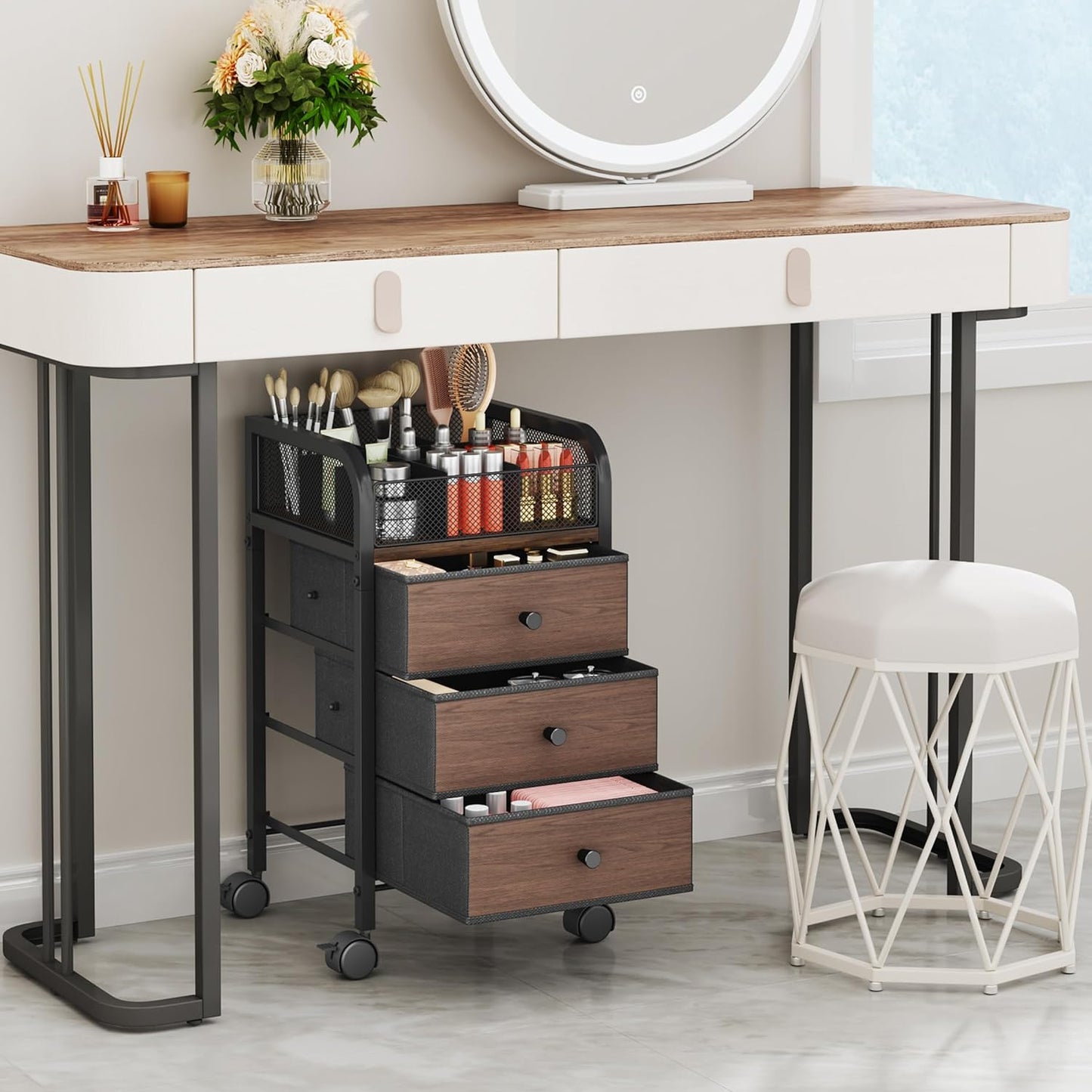 SWTYMIKI Rolling Makeup Organizer Cart - Under Desk Vanity Makeup Storage with 3 Non-woven Drawers, Nail Cart Organizer Cosmetic Display Cases Cabinet for Skin Care Perfume Nail Polish Brush Hair Tool