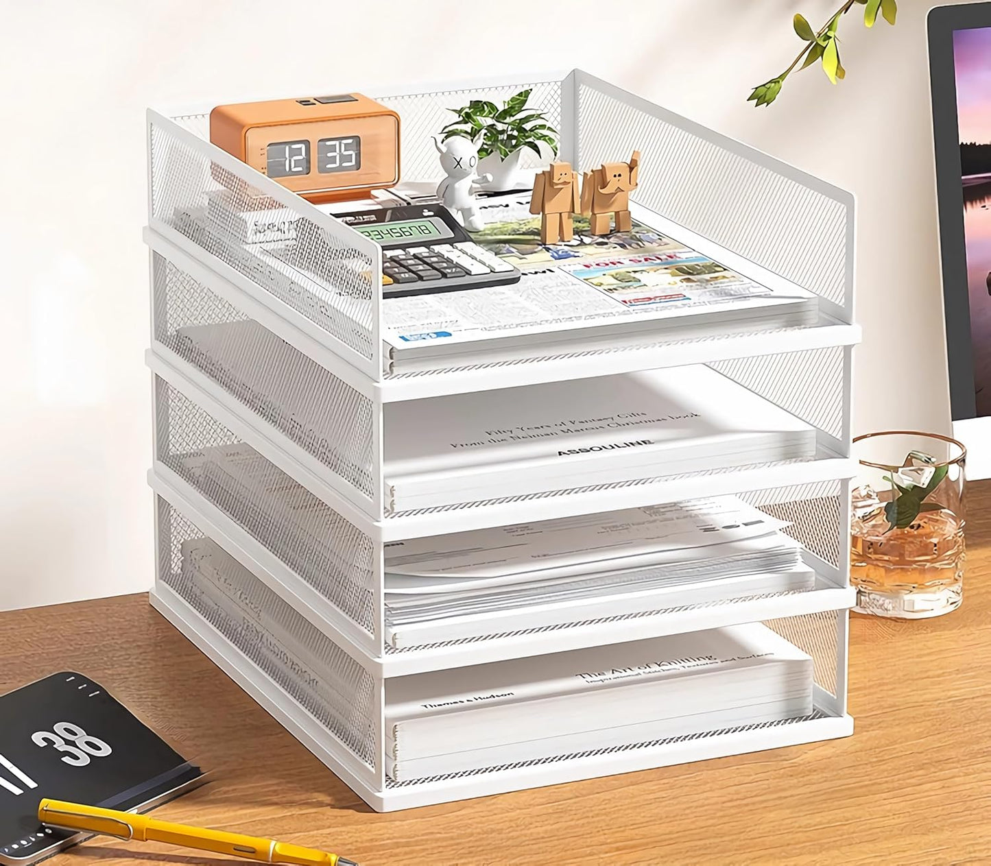 2/4/6 Tier Paper Organizer Letter Tray, Clear Acrylic Layer Stackable Paper Sorter, Plastic A4 Office File Folder Holder for for Desk Accessories, Notes, Pens, File, Document (Clear, 4 Tier)
