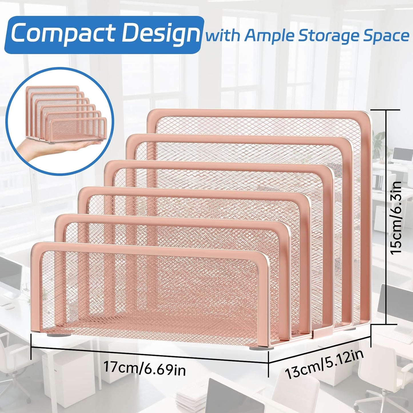 Mail Organizer Countertop with 5 Slot, Metal Mail Holder for Desk, File Holder Letter Sorter for Envelope, Bill and Document (Rose Gold)